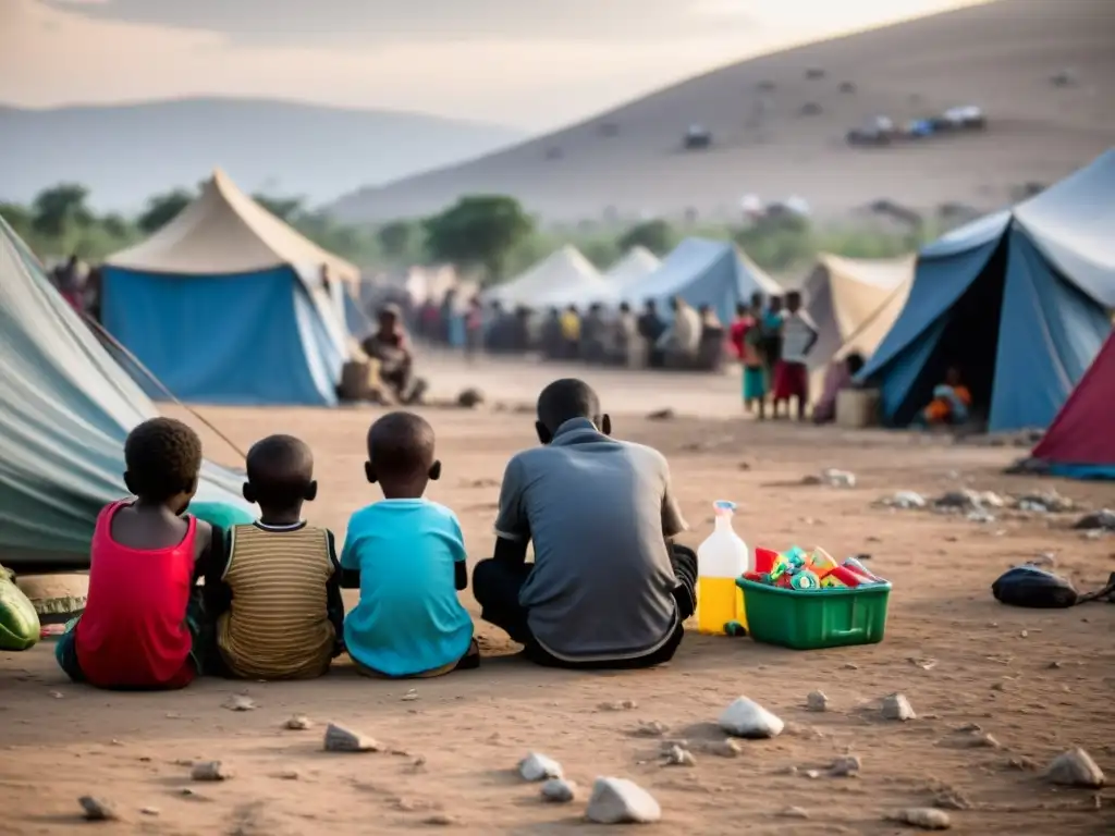 Grupo de civiles desplazados en campamento improvisado, reflejando la responsabilidad de empresas militares privadas en la crisis humanitaria