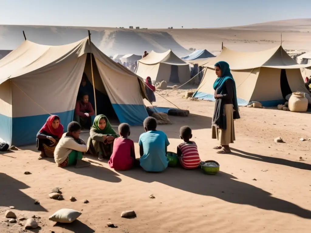Un grupo de civiles desplazados, incluyendo mujeres y niños, se reúnen en un campamento improvisado entre tiendas en ruinas y un paisaje desolado
