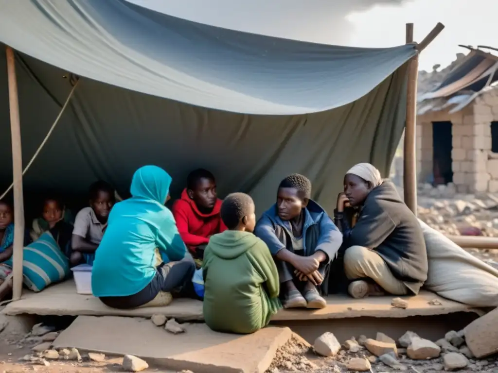 Grupo de civiles desplazados en refugio improvisado, rodeados por ruinas