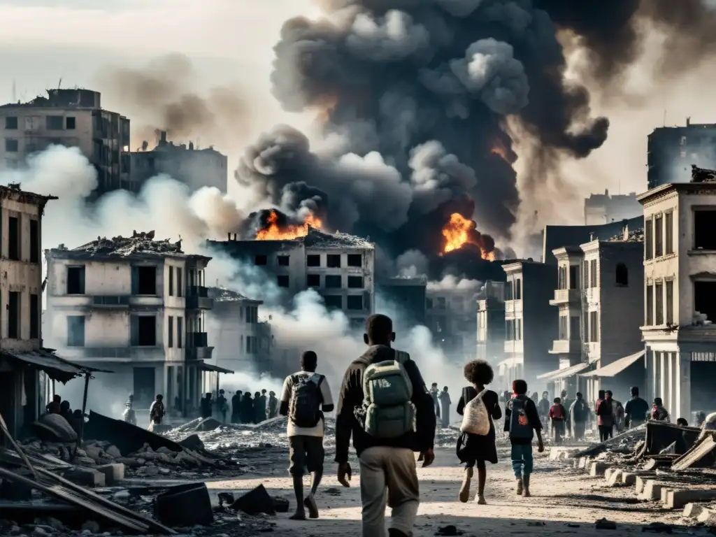 Grupo de civiles desplazados entre ruinas de ciudad en conflicto, reflejando la falta de acción internacional en conflictos desatendidos