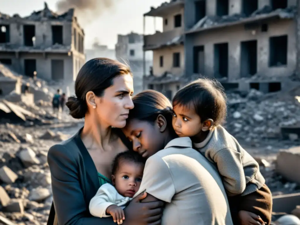 Un grupo de civiles, incluyendo mujeres y niños, se resguarda juntos en una ciudad devastada por la guerra