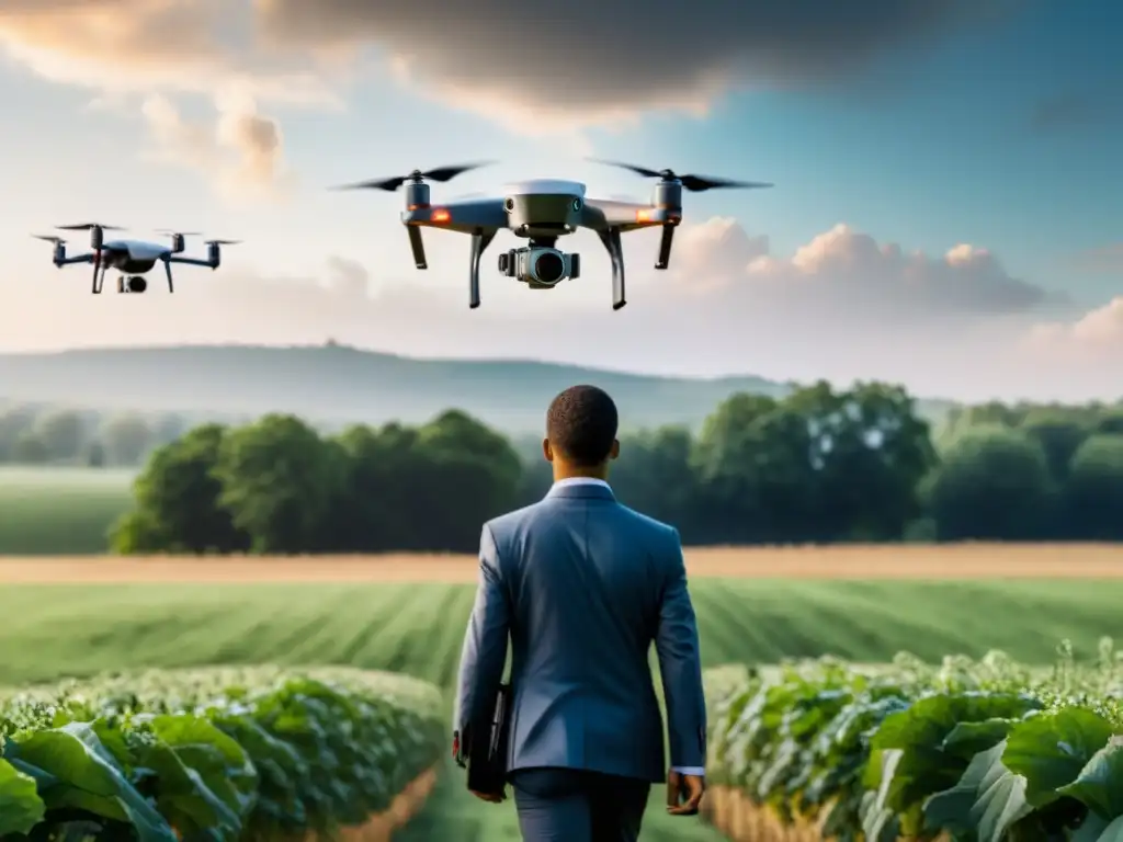 Intrusión de drones: Impacto en la privacidad y derechos humanos Grupo de civiles observados por un dron en un campo, reflejando el impacto de los drones en los derechos humanos