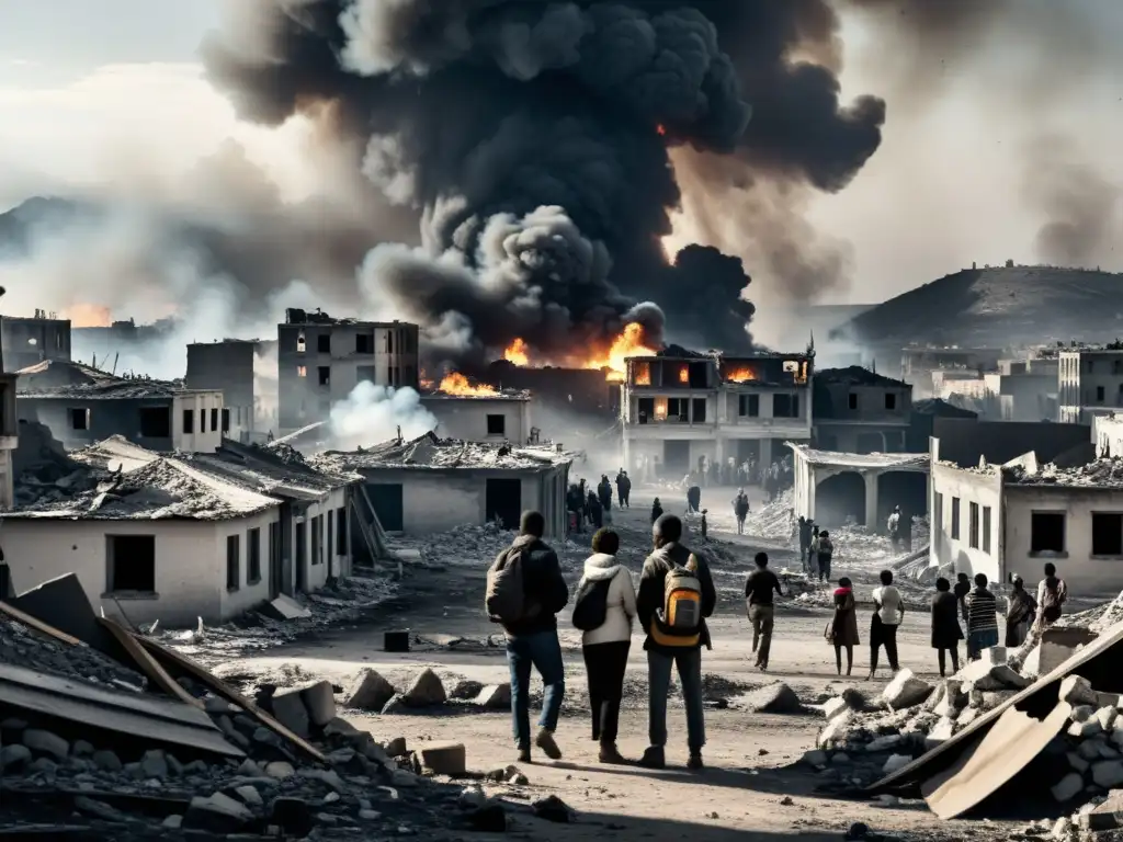 Devastación urbana: Civiles buscan refugio entre ruinas Grupo de civiles busca refugio entre escombros en una ciudad devastada por la guerra, destacando la crisis del derecho internacional humanitario