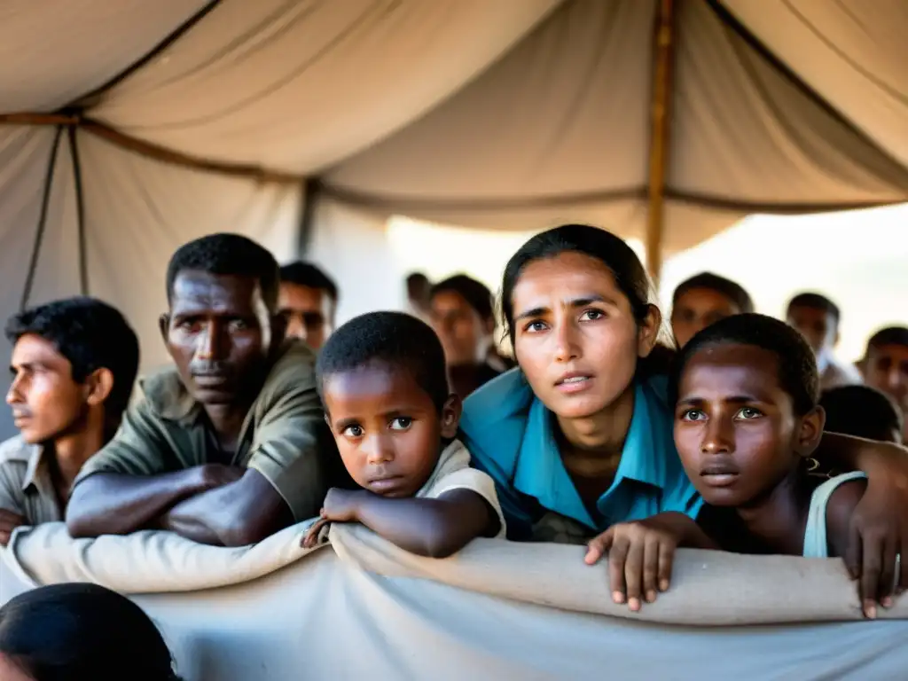 Un grupo de civiles se resguarda en un refugio improvisado, expresando la realidad de los conflictos