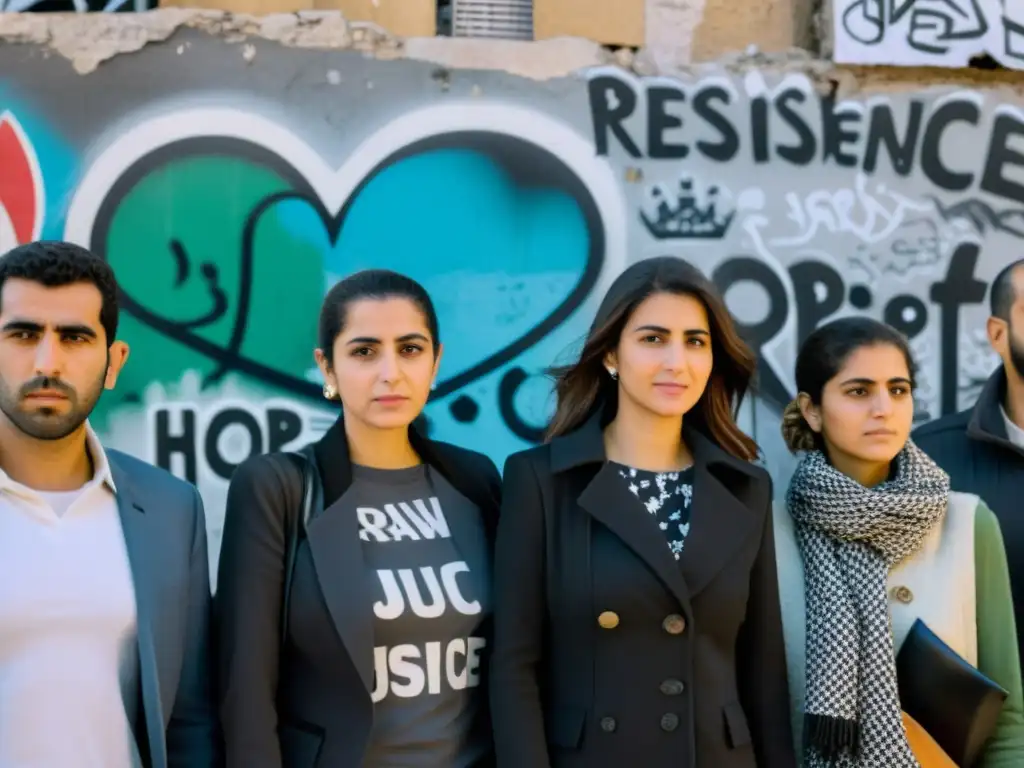 Grupo de civiles sirios desafiantes frente a graffiti de resistencia, representando la lucha por los derechos humanos en Siria