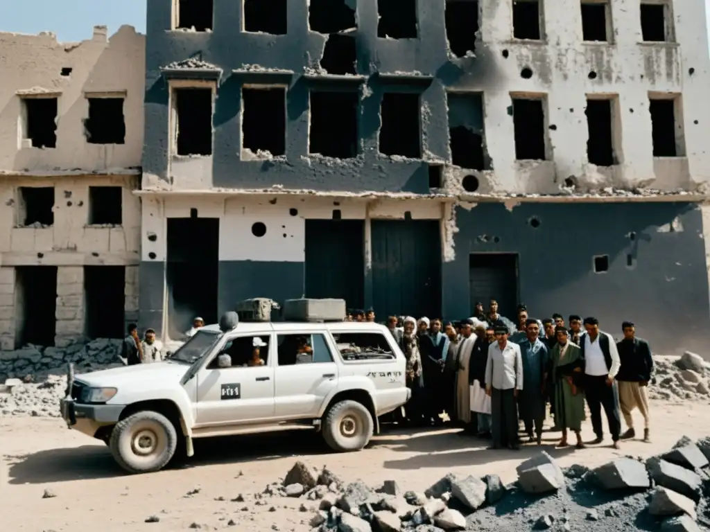 Un grupo de civiles yemeníes frente a un edificio destruido por la guerra, mostrando determinación