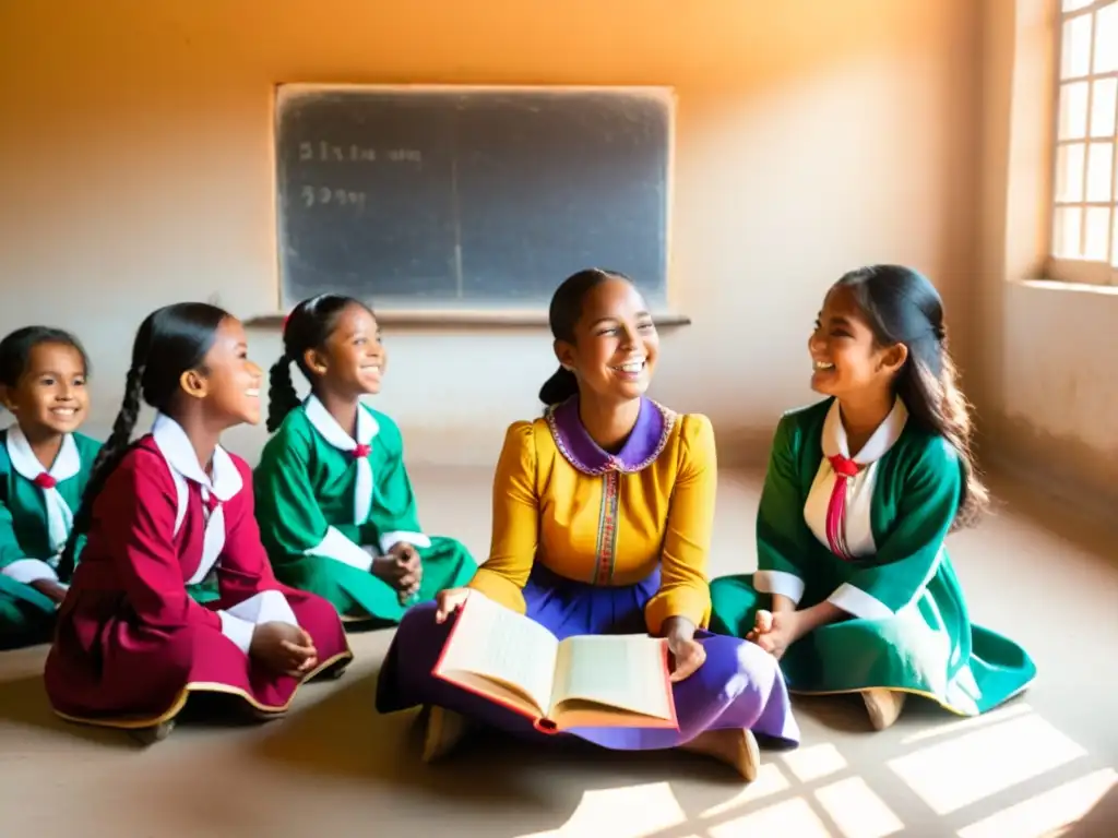 Grupo de niñas disfrutan de una clase en un ambiente educativo inclusivo para niñas desplazadas, con maestra y decoración colorida