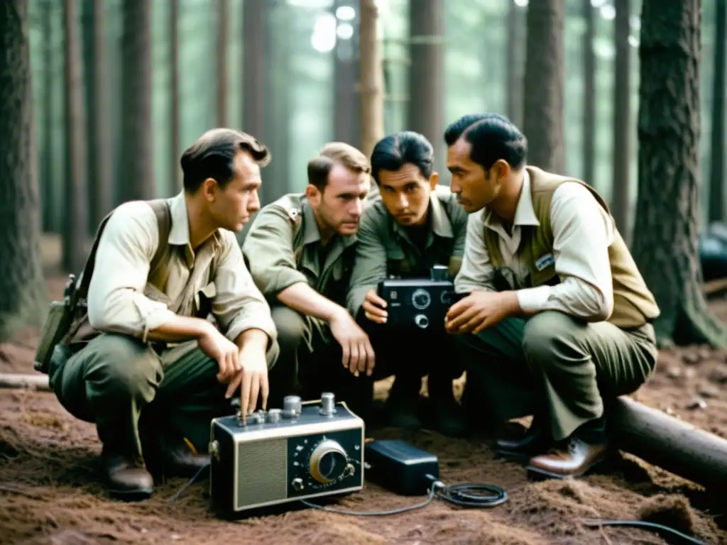 Grupo de combatientes de la resistencia operando una radio clandestina en el bosque durante la Segunda Guerra Mundial