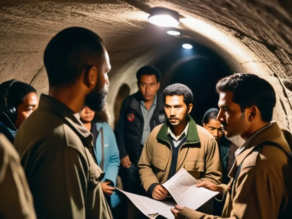 Grupo de combatientes de la resistencia en una sala subterránea, operando radios clandestinas durante la Segunda Guerra Mundial