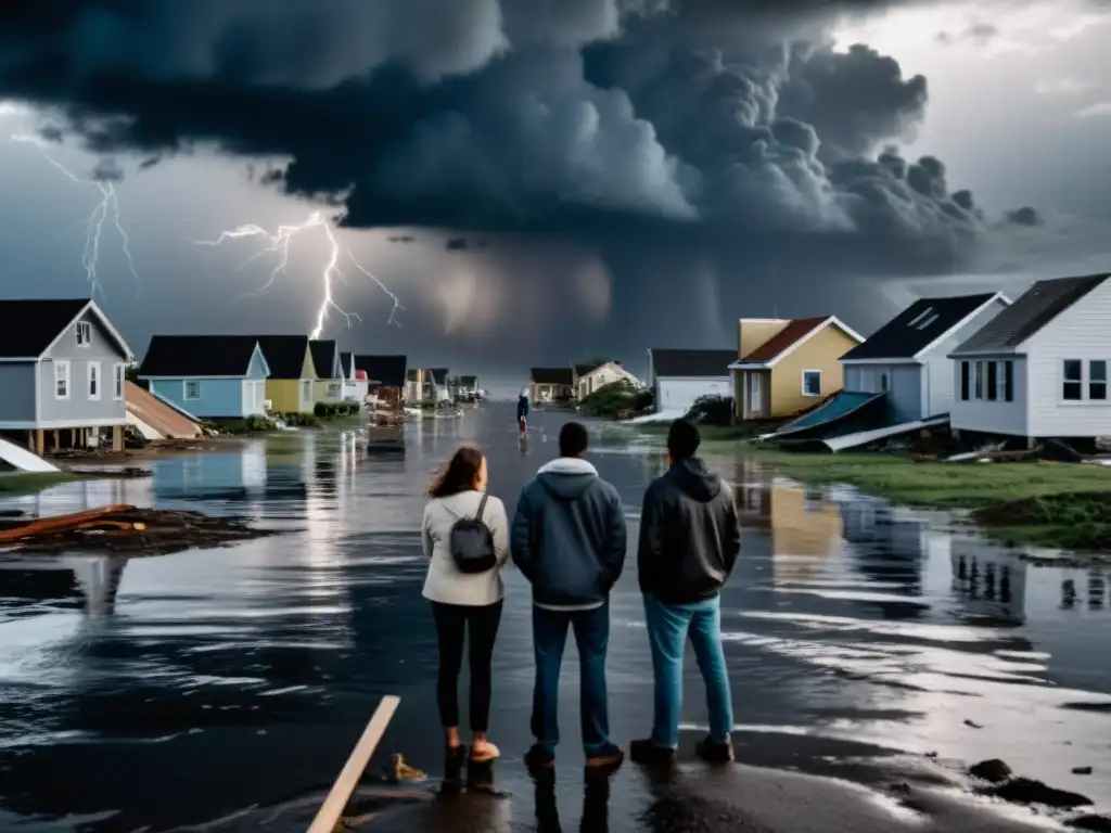 Grupo en comunidad costera afectada por el cambio climático, mostrando preocupación y ansiedad ante daños causados por tormenta