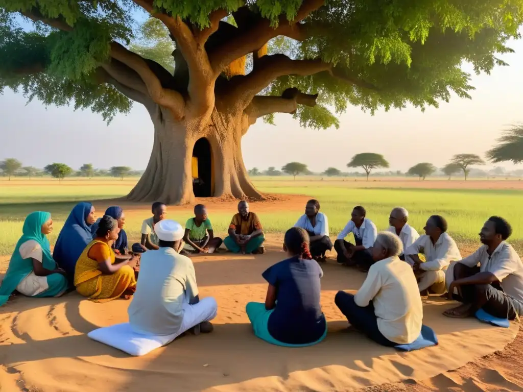 Grupo comunitario bajo árbol, hablando con empatía