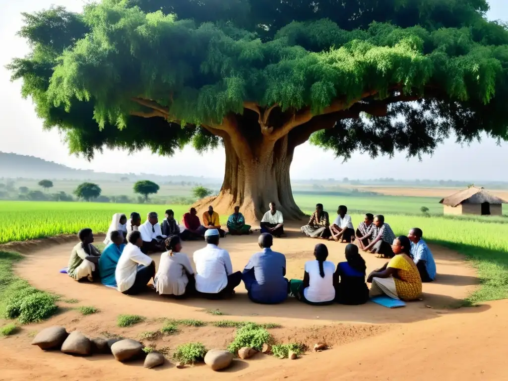 Grupo comunitario discute bajo un árbol, expresiones serias