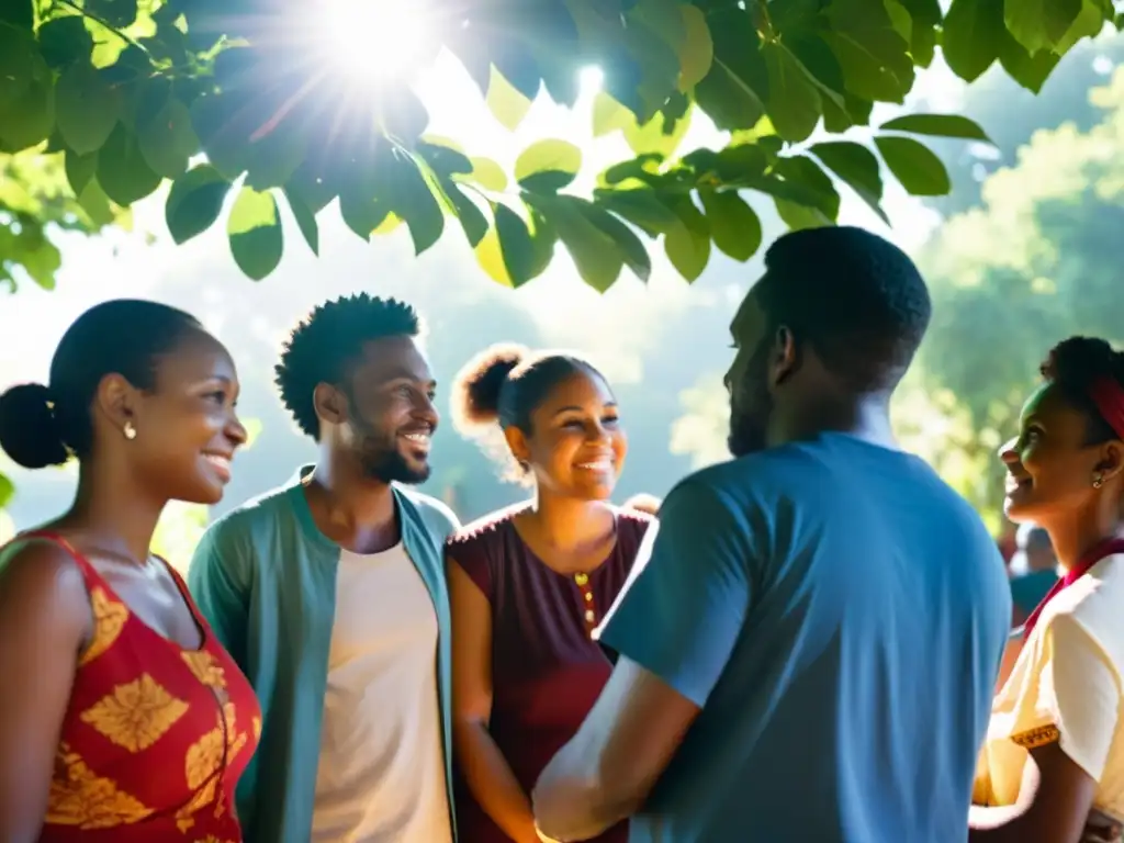 Grupo comunitario bajo árbol, dialogando y unidos