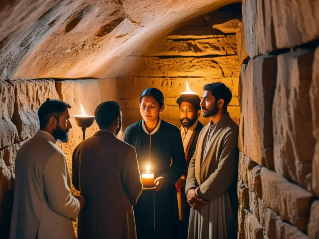 Grupo de creyentes practicando su fe en secreto en una cámara subterránea, enfrentando la persecución religiosa en Europa del Este