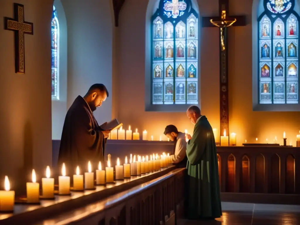 Grupo de creyentes rezando en iglesia iluminada por velas, con íconos religiosos en las paredes