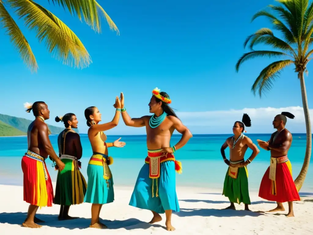 Grupo Garífuna en danza ceremonial frente al mar turquesa, vistiendo trajes coloridos, rodeados de palmeras