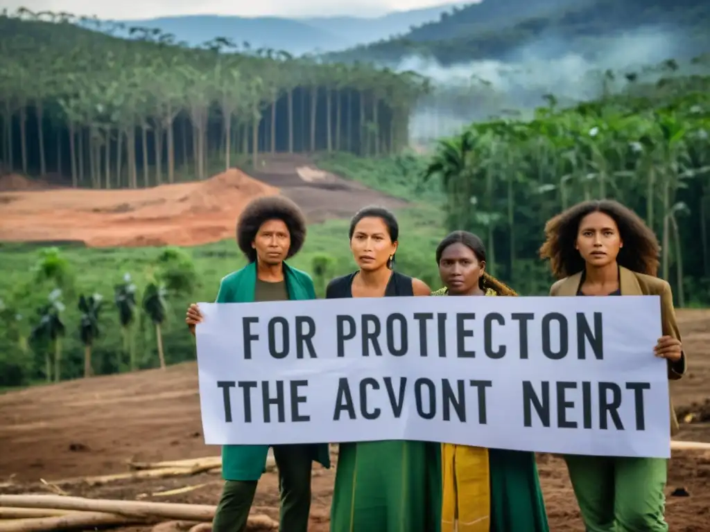 Grupo de defensores ambientales activistas luchando por la protección del entorno en un área deforestada