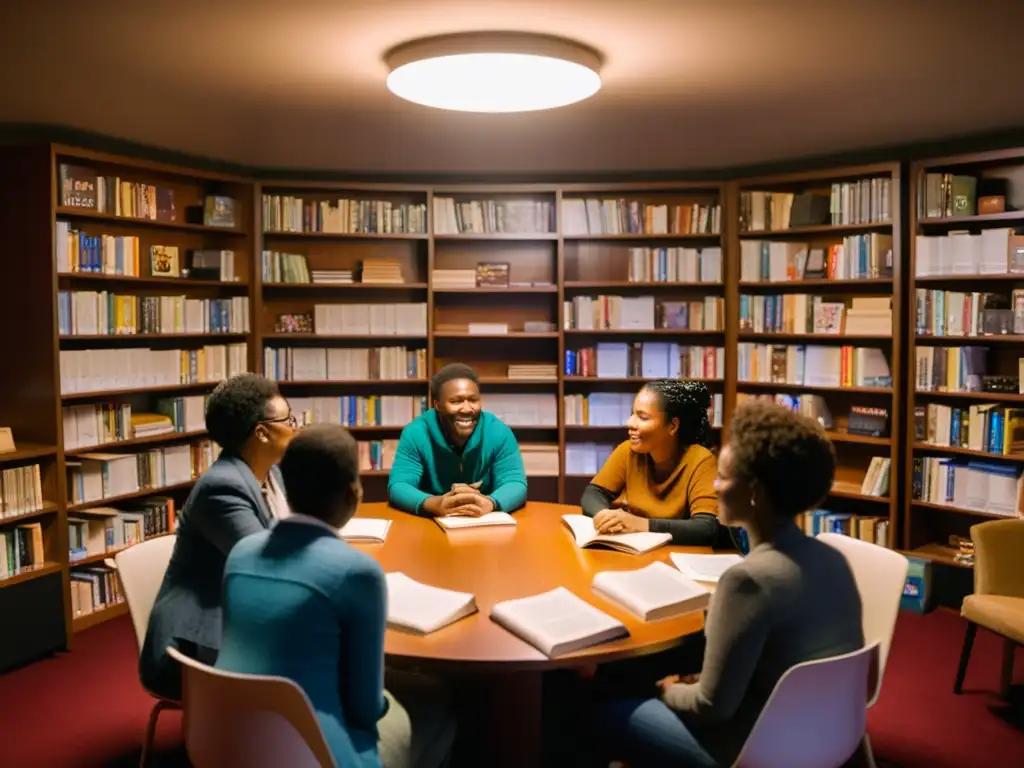 Grupo de defensores apasionados del derecho a leer discuten en centro comunitario, rodeados de libros en ambiente cálido de conocimiento compartido