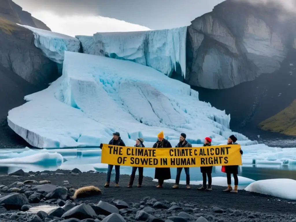 Un grupo de defensores del clima y derechos humanos se reúnen frente a un glaciar derretido, mostrando su determinación y empatía con las comunidades locales