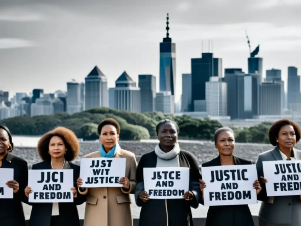 Grupo de defensores de derechos humanos en una foto en blanco y negro, mostrando determinación y unidad por la justicia en sistemas autoritarios, con el telón de fondo de un horizonte urbano