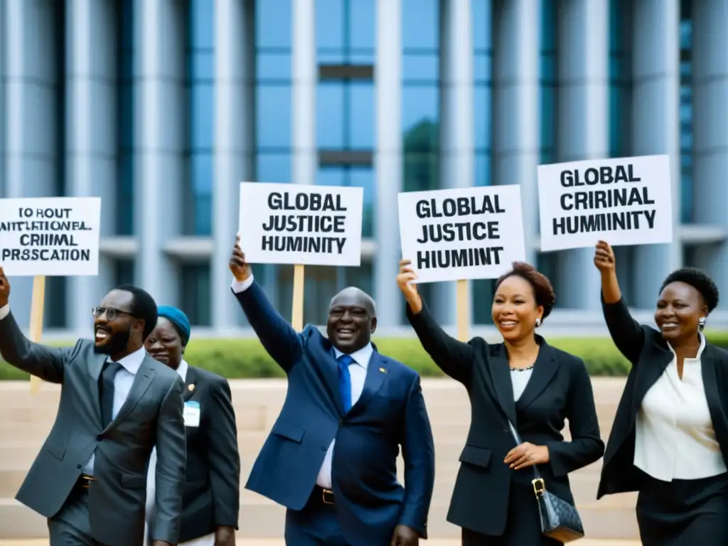 Grupo defensores derechos humanos frente a la Corte Penal Internacional, abogando por justicia global crímenes lesa humanidad