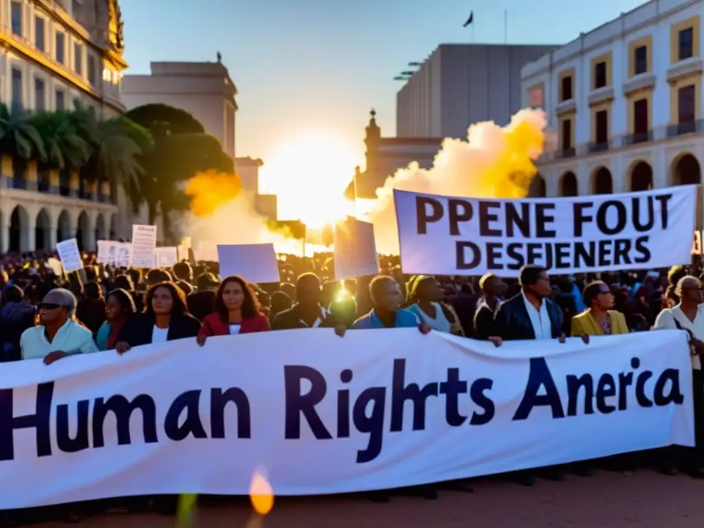 Grupo de defensores de derechos humanos denunciando violaciones en Sudamérica frente a una multitud al atardecer, reflejando determinación y esperanza