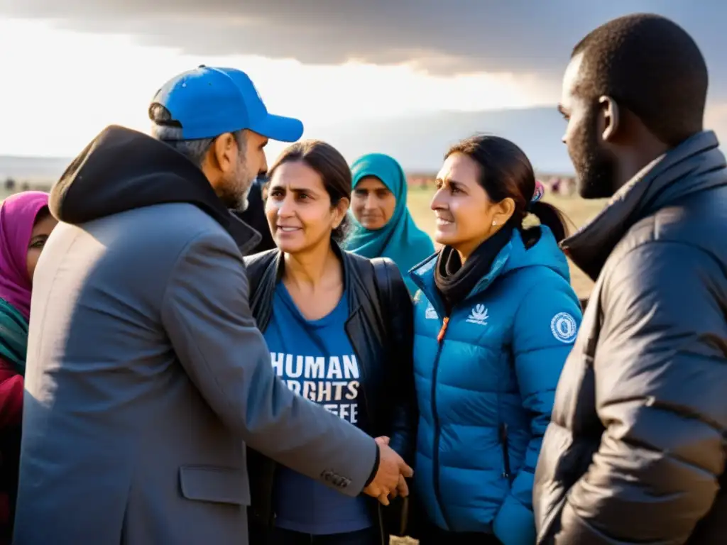 Un grupo de defensores de derechos humanos rodea a una familia de refugiados en busca de asilo, brindando apoyo y solidaridad en una región de guerra