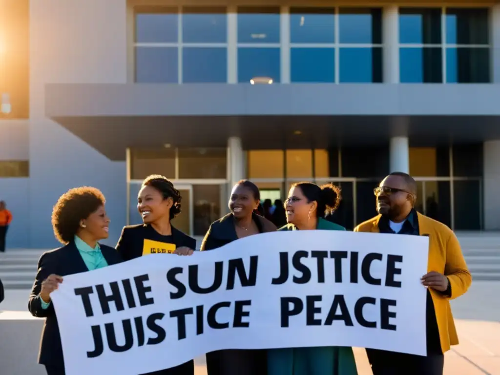 Un grupo de defensores de derechos humanos se paran frente a un tribunal al atardecer, sosteniendo pancartas con mensajes poderosos de justicia y paz