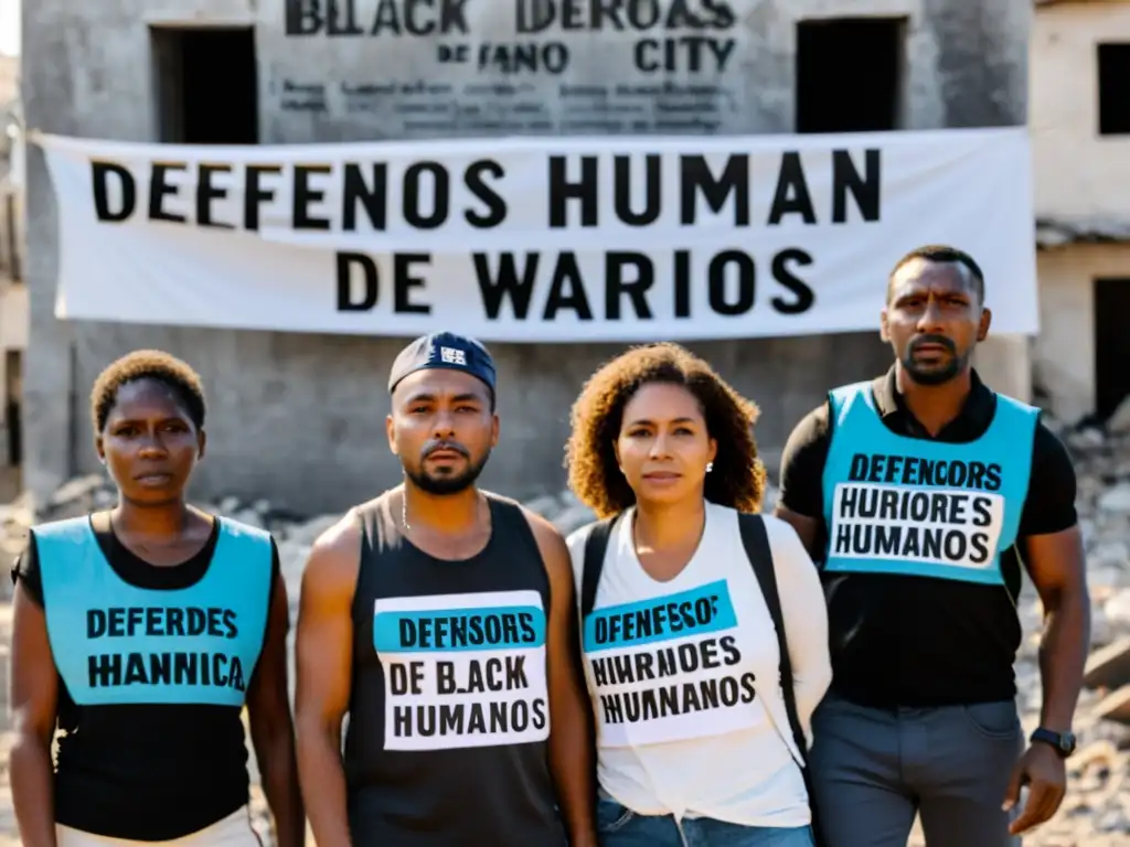 Grupo de defensores de derechos humanos frente a una ciudad en conflicto, rodeados de apoyo y gratitud