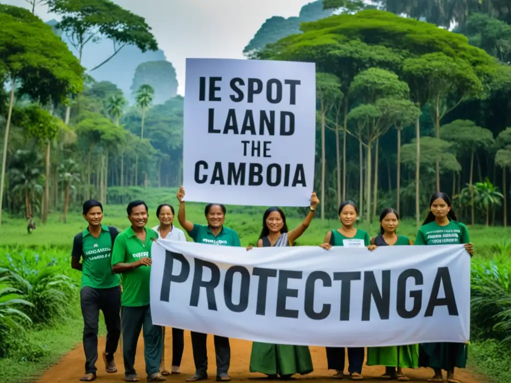 Un grupo de defensores de la tierra en Camboya se alza en un exuberante bosque, expresando su compromiso con pancartas y gestos apasionados