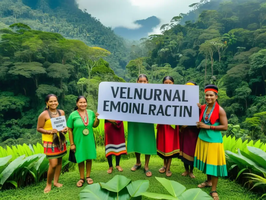 Grupo indígena defiende la protección de derechos medioambientales PNUMA en exuberante selva biodiversa, con letreros y fauna colorida