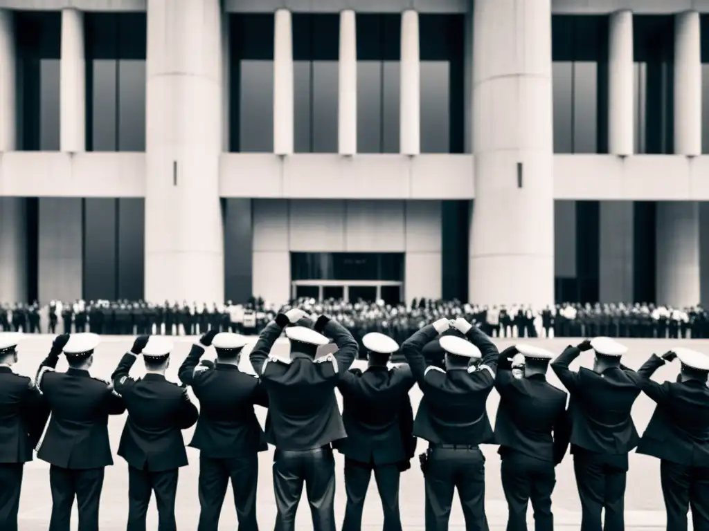 Un grupo desafiante levanta el puño frente a un edificio gubernamental