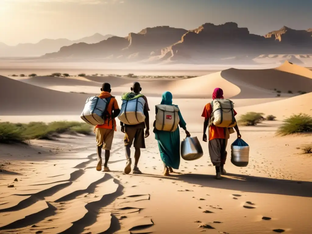 Grupo camina por el desierto con determinación, llevando sus pertenencias