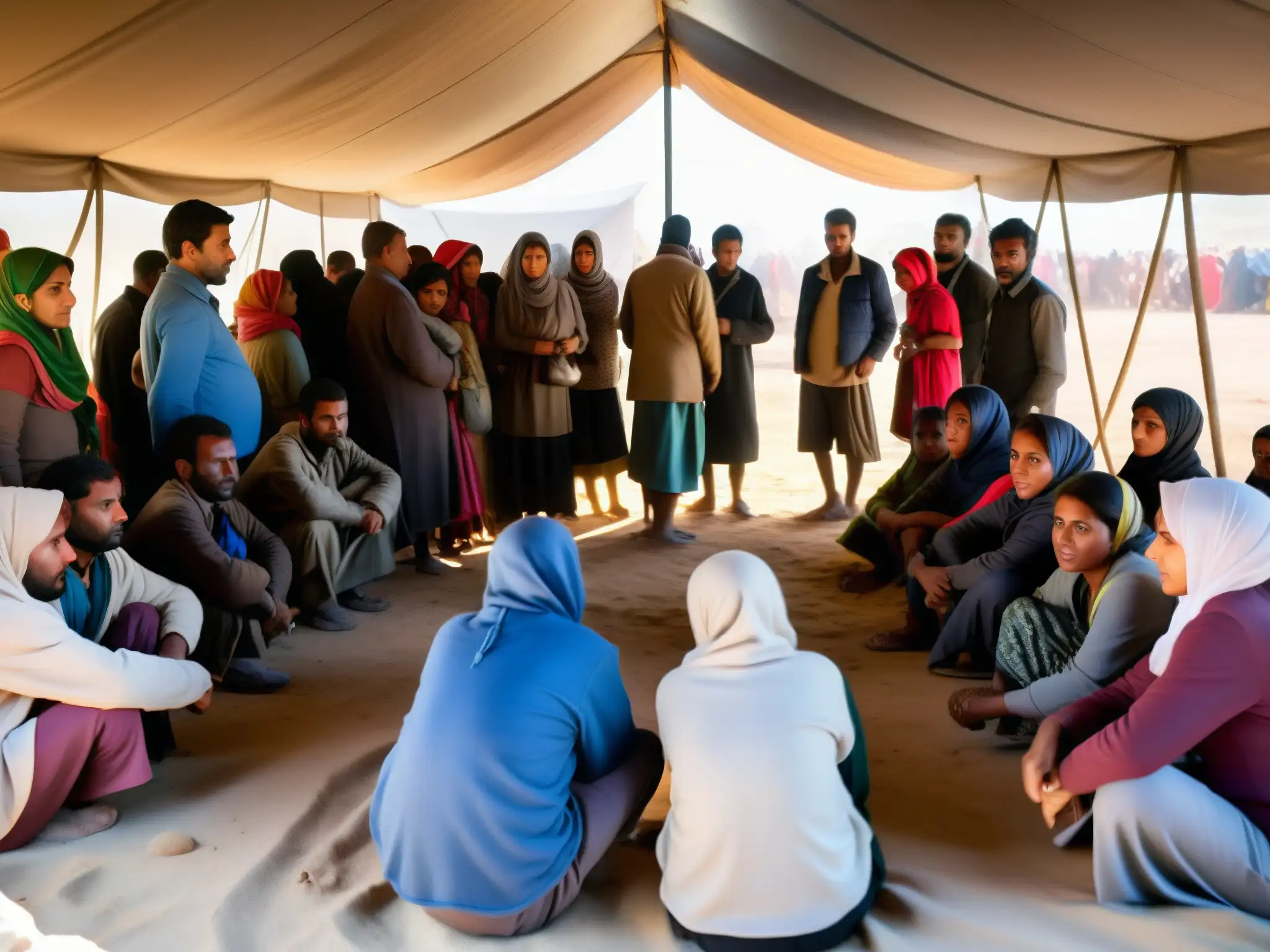 Grupo de desplazados internos en un campamento precario, reflejando la lucha y la incertidumbre de los derechos humanos globales