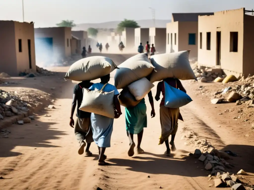 Grupo de desplazados internos caminando hacia campamento en crisis humanitaria por conflicto, mostrando resiliencia