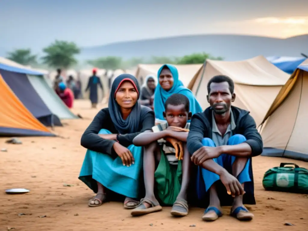 Grupo de desplazados internos en campamento, mostrando determinación y esperanza en medio de la adversidad