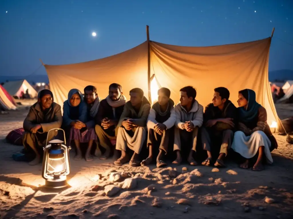 Grupo de desplazados internos en refugio precario bajo la luz de una linterna, reflejando el dilema desplazados internos conflictos invisibles