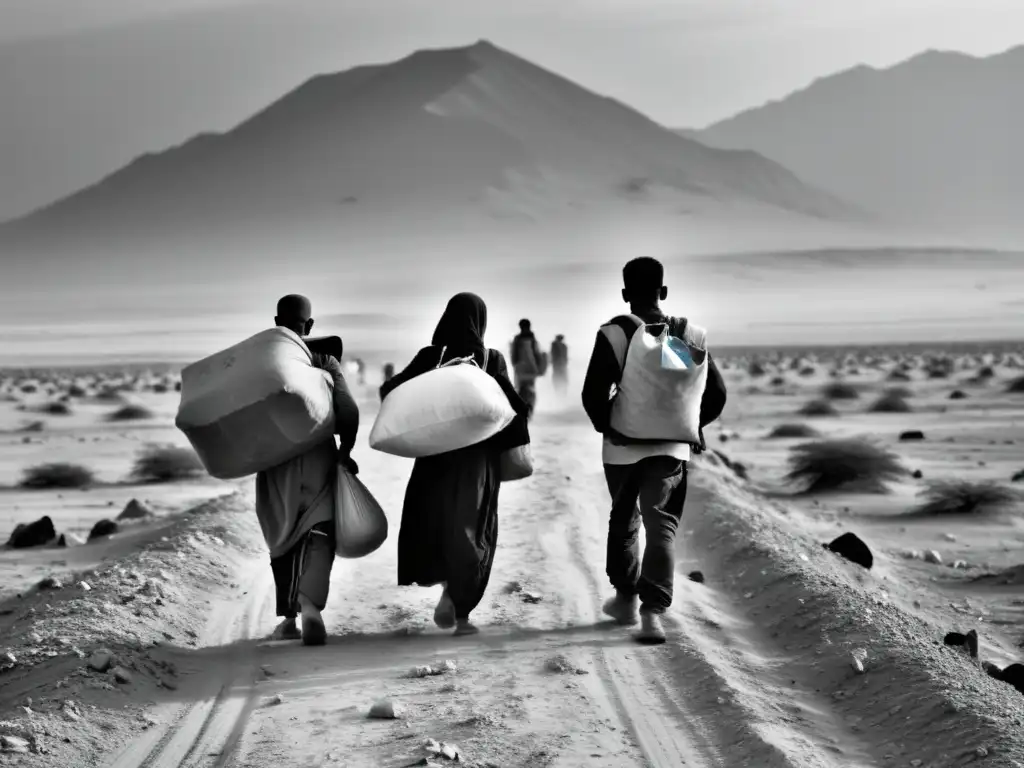 Grupo desplazados llevan sus pertenencias entre paisaje desolado, reflejando dilema desplazados internos conflictos invisibles