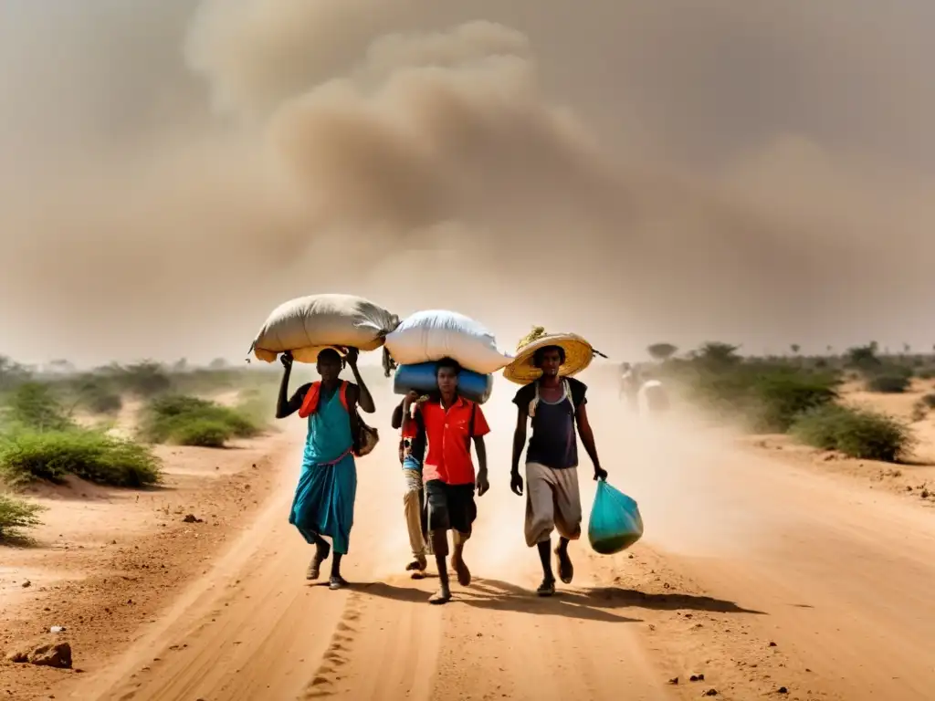 Grupo de desplazados caminando bajo el sol en un paisaje árido, reflejando el impacto del cambio climático en la migración forzada