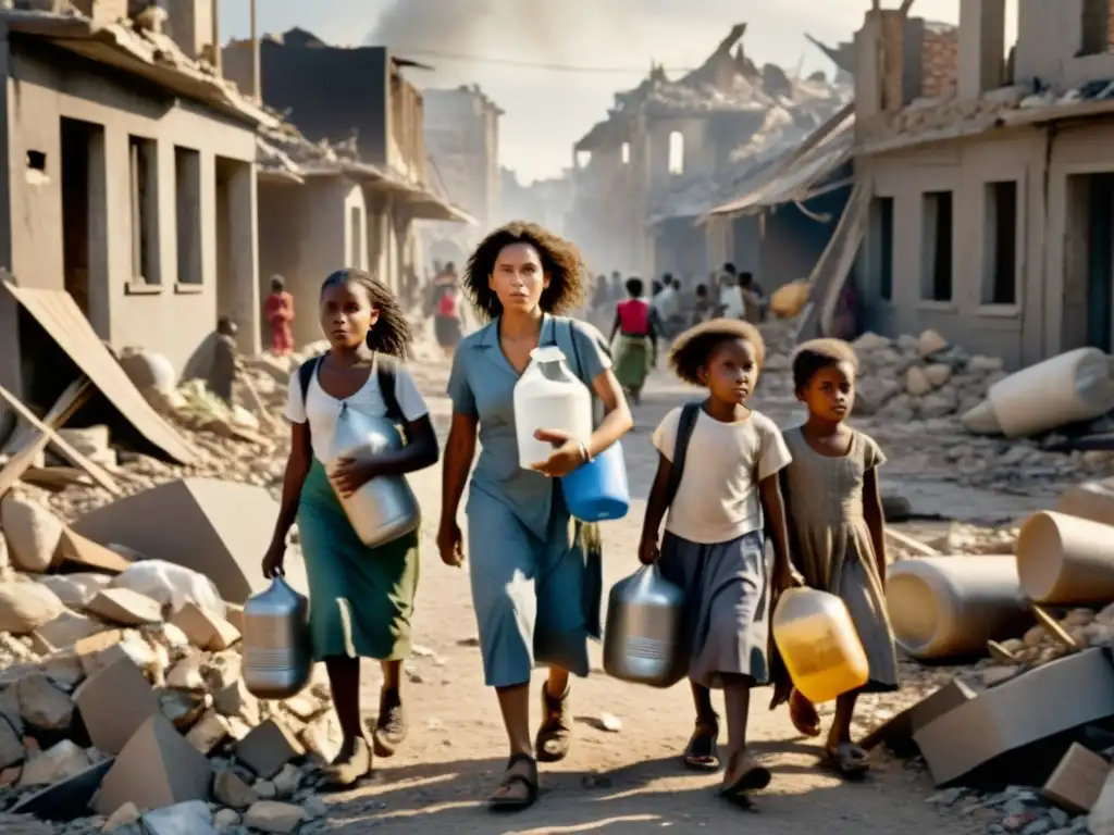 Grupo determinado de mujeres y niños llevando suministros en ciudad devastada, simbolizando la fuerza en sociedades postbélicas por equidad de género