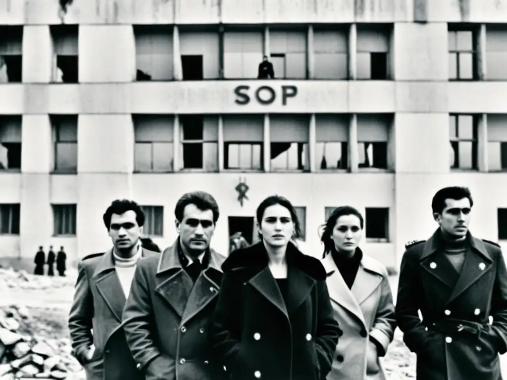 Grupo de disidentes desafiantes frente a edificio soviético en blanco y negro, representando historias disidentes era soviética