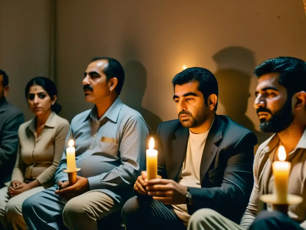 Grupo de disidentes en Irak comparten testimonios en una habitación iluminada por velas, transmitiendo determinación y resiliencia