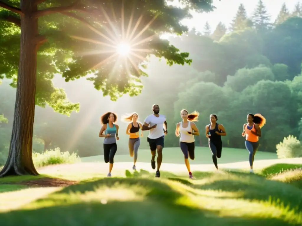 Grupo diverso disfrutando de actividades físicas al aire libre en un entorno natural, resaltando la importancia de la salud física y mental