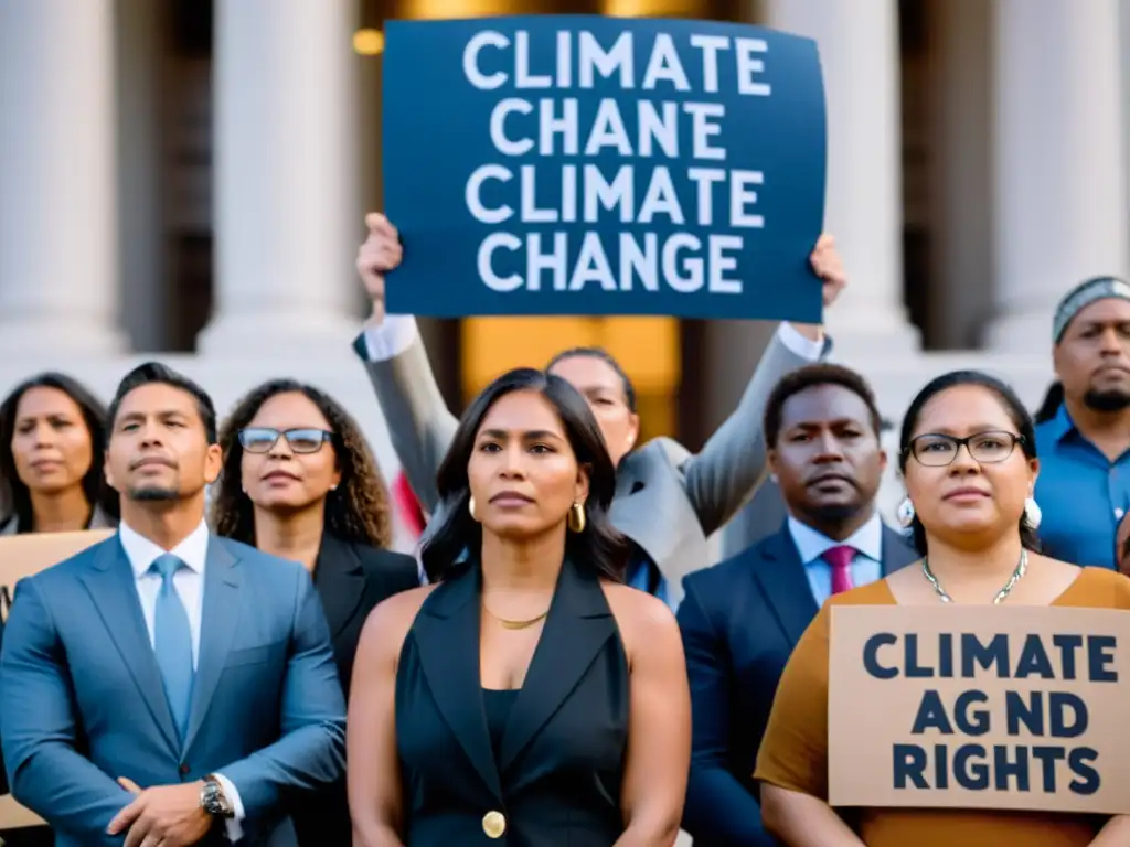 Un grupo diverso de activistas y abogados indígenas se paran frente a la corte con mensajes sobre cambio climático y derechos humanos