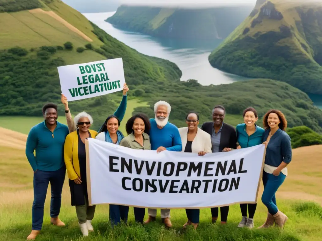 Un grupo diverso de activistas ambientales celebra casos de éxito en defensa del medio ambiente, sosteniendo pancartas en un paisaje natural protegido