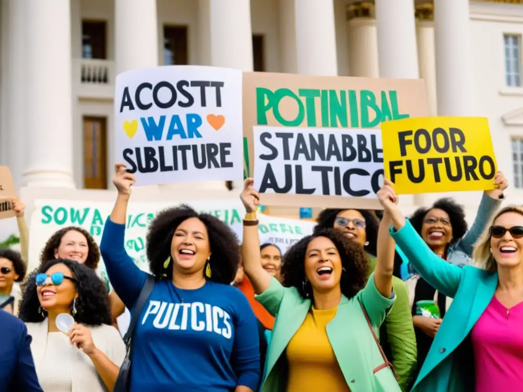 Activistas por el medio ambiente en protesta Un grupo diverso de activistas ambientales apasionados sostiene pancartas coloridas con mensajes poderosos frente a un edificio gubernamental, abogando por políticas sostenibles