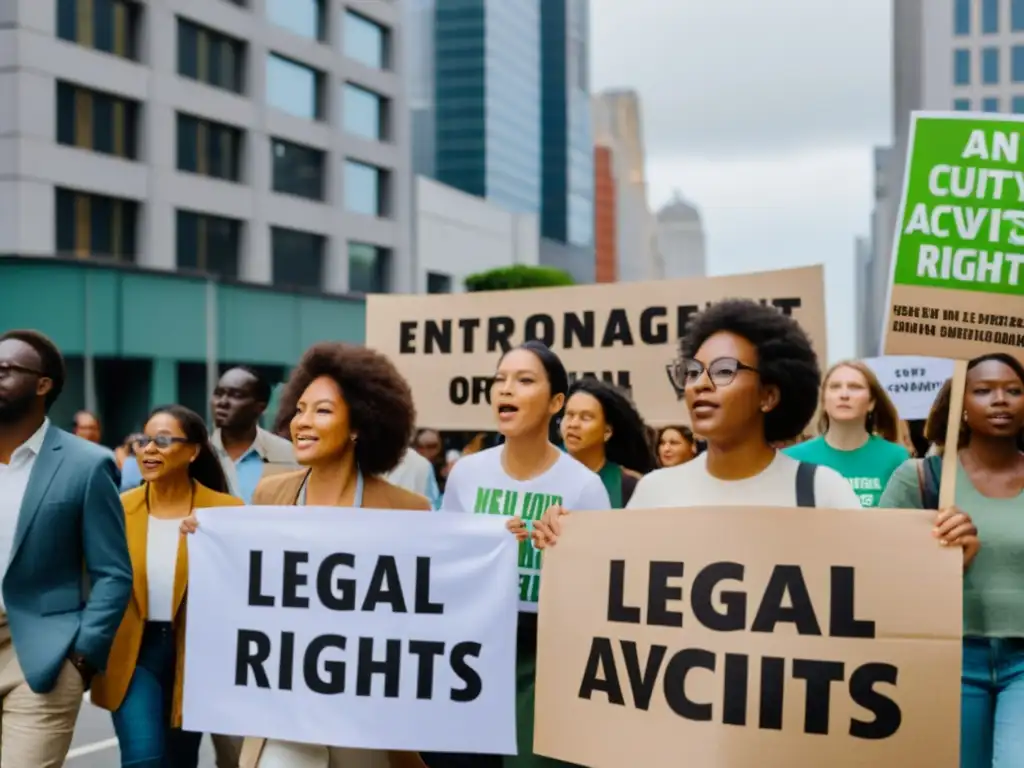 Un grupo diverso de activistas ambientales marcha con pancartas en una protesta urbana, abogando por el reconocimiento legal del derecho ambiental