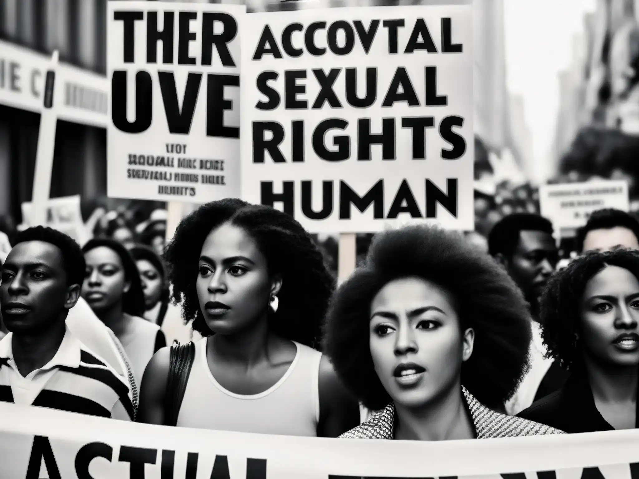 Un grupo diverso de activistas marcha en las calles, llevando pancartas por la revolución sexual y los derechos humanos