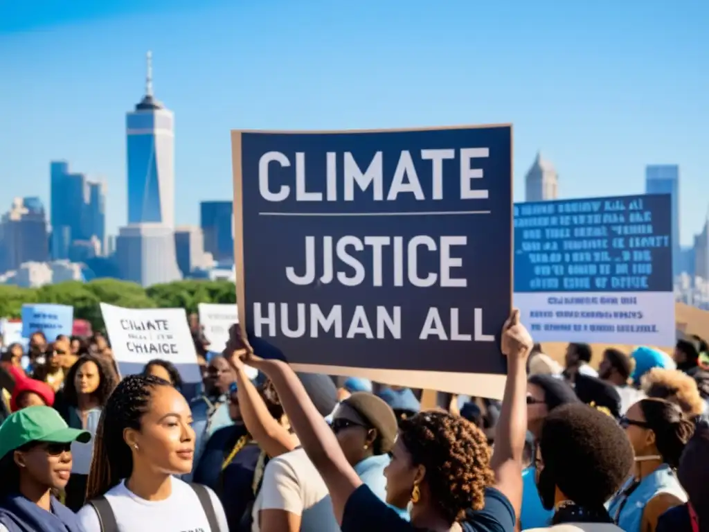 Grupo diverso de activistas sostienen carteles en una manifestación por la justicia climática en la ciudad