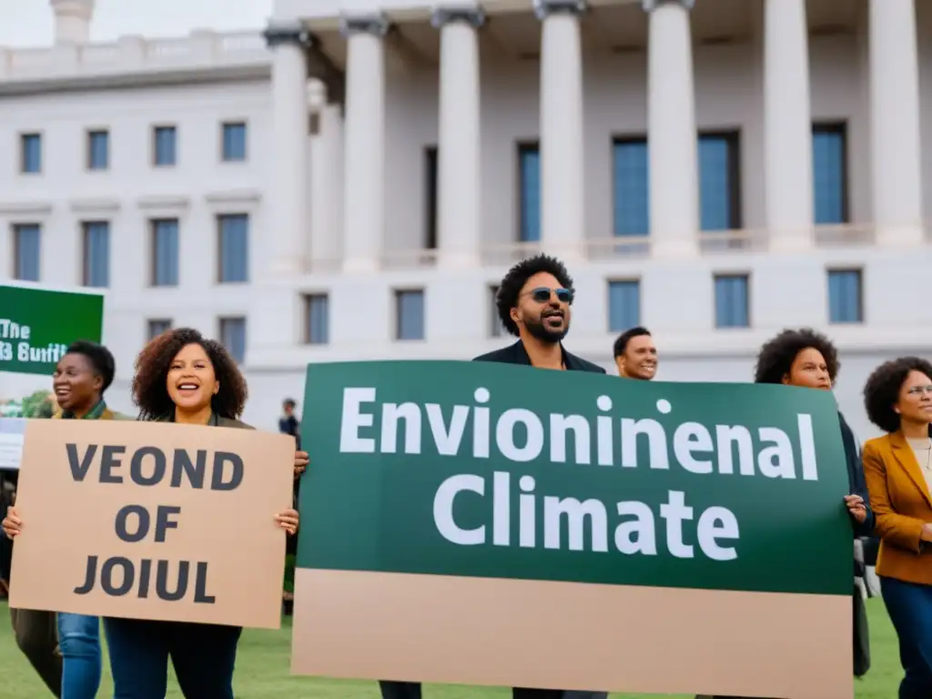 Grupo diverso de activistas sostiene carteles en protesta pacífica frente a edificio gubernamental, destacando protección defensores ambientales activismo climático